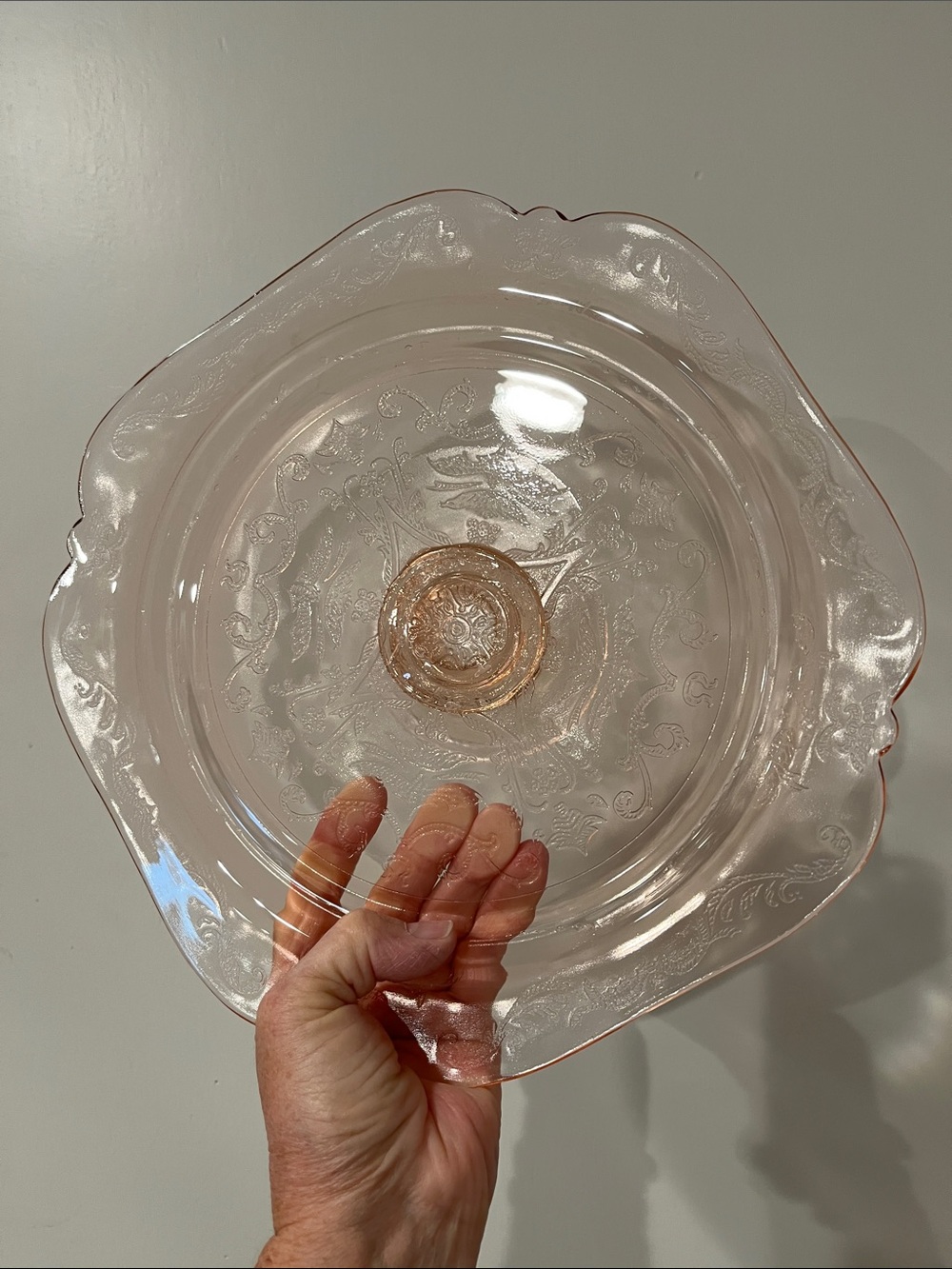 Indiana Glass Pale Pink Etched Glass Pedestal Serving Platter